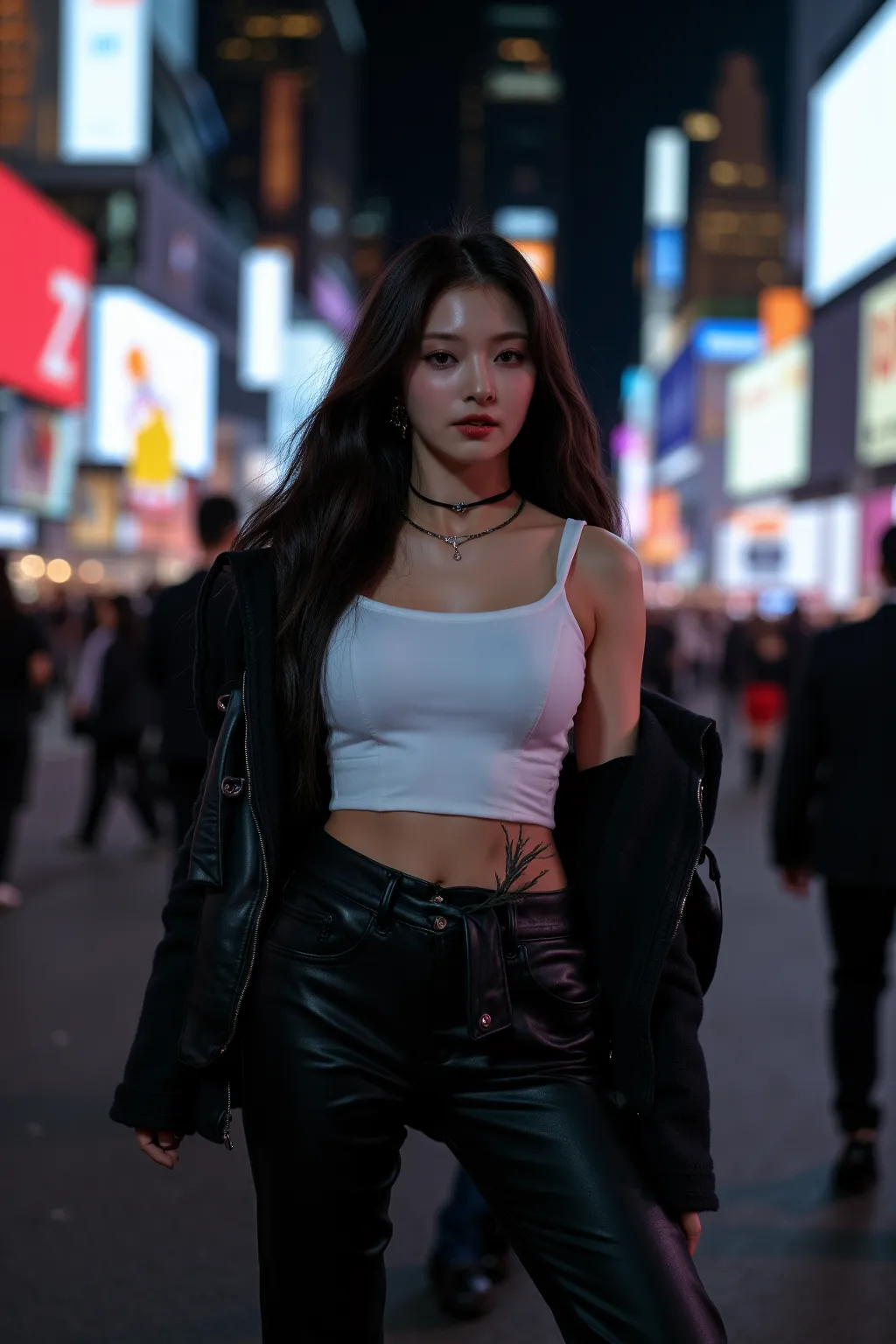 A beautiful Korean woman, she has long black hair, she wearing white camisole covered by black leather jacket, long black leather pants, she standing in the time square newyork, night, many people around ,full body ,front view,