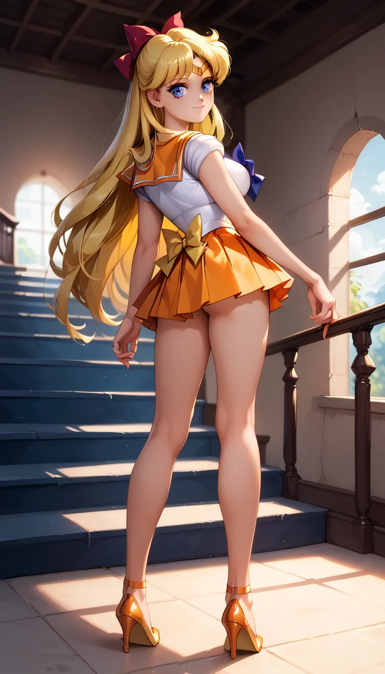 Sailor venus sexy ,girl coqueta ,  long blond hair , blue eyes , yellow hair color, Face detail, orange pleated skirt detail, sexy , mirada tender , full body image, Orange high heel shoes , of feet climbing room stairs, ventana, Luz outfit , Delicate gaze...