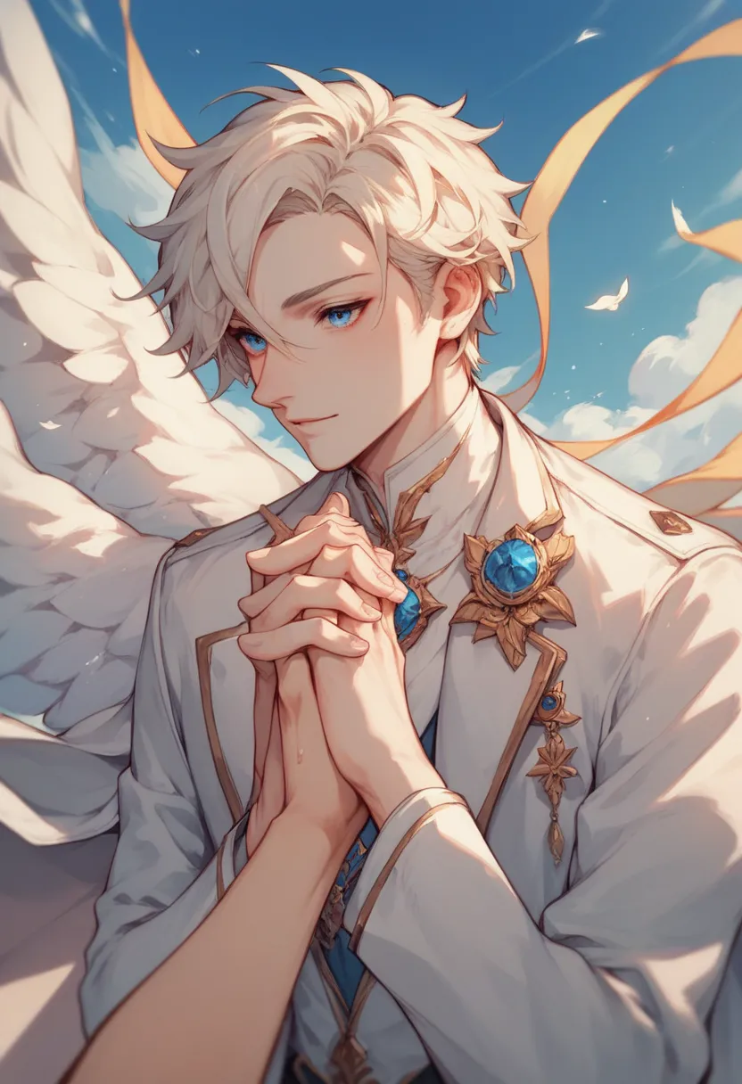 Drawing of an angel anime boy with slim build and fine features , blue eyes, white skin, shoulder-length hair and blond hair , wearing a long white coat with his hands clasped 