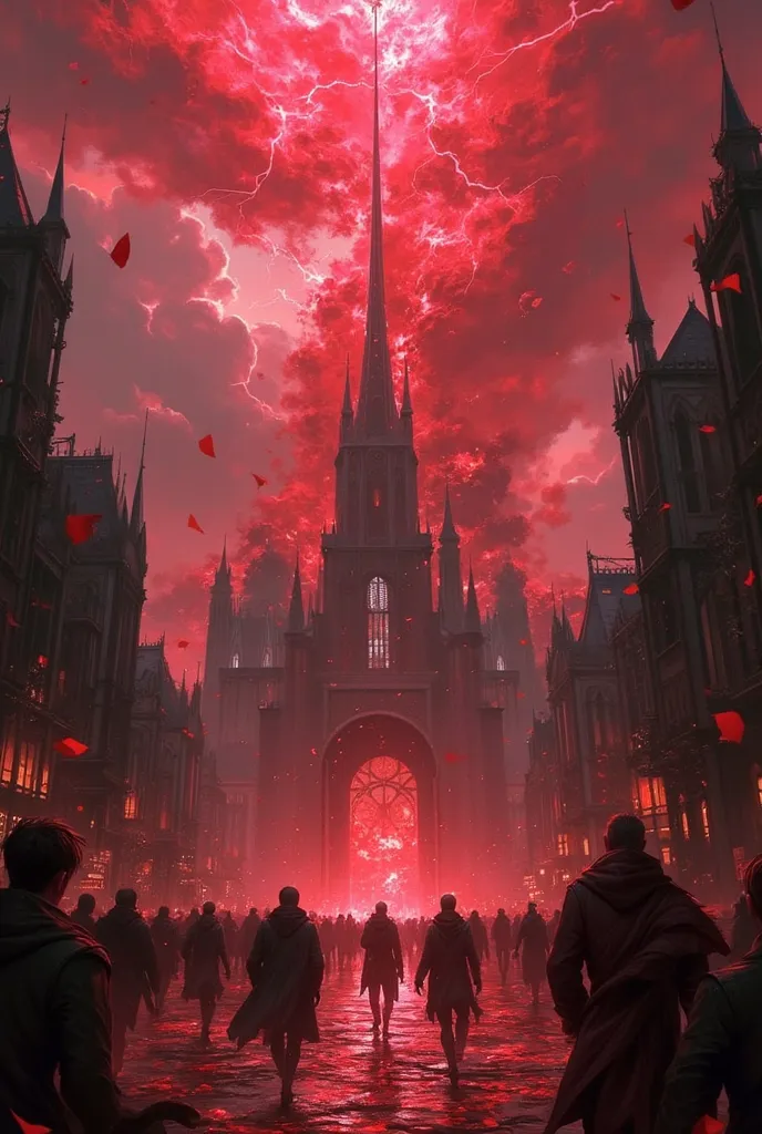 a storm of red glass, destroying a city medieval, storm and lightning