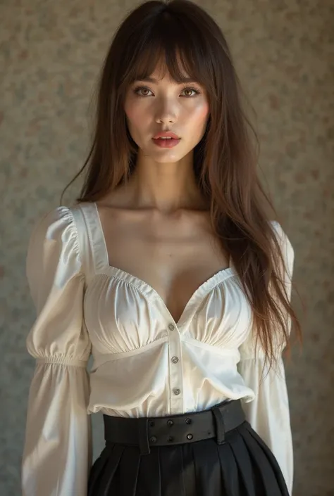 manhaw style woman with long straight brown hair with bangs and Amber eyes,with white skin and delicate and daring appearance, appears with large breasts and a thin waist ,wearing a wide white blouse with a black skirt,and boots