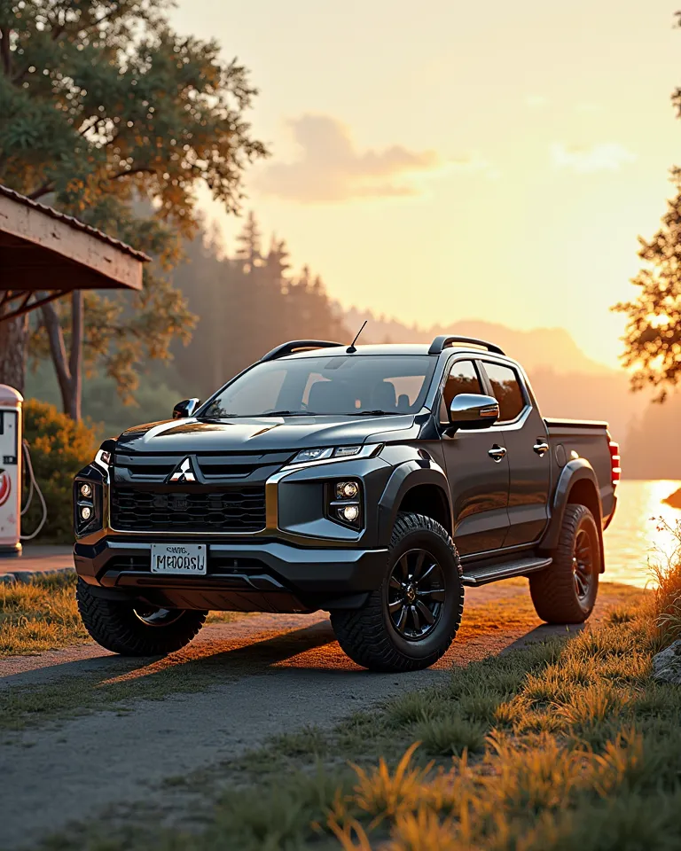 Virtual image of Mitsubisi Triton pickup truck with short wheels parked in beautiful pump 4k