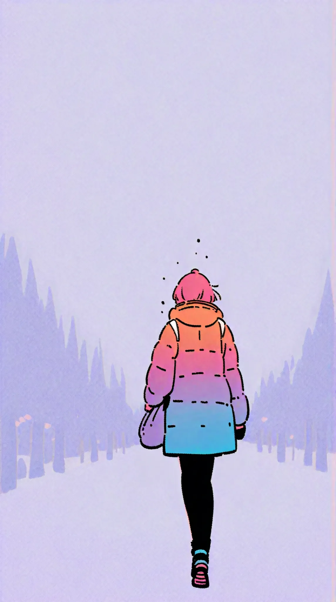 1 girl, full body shot, snow, snowflake, Heavy Snowfall, Snowfall of Biblical Proportions, winter, Walking in a quiet town with snow, down jacket, snow boots, with a dog,  A line drawing, minimal illustration,, drawing art,,, (dynamic camera view) vivid co...