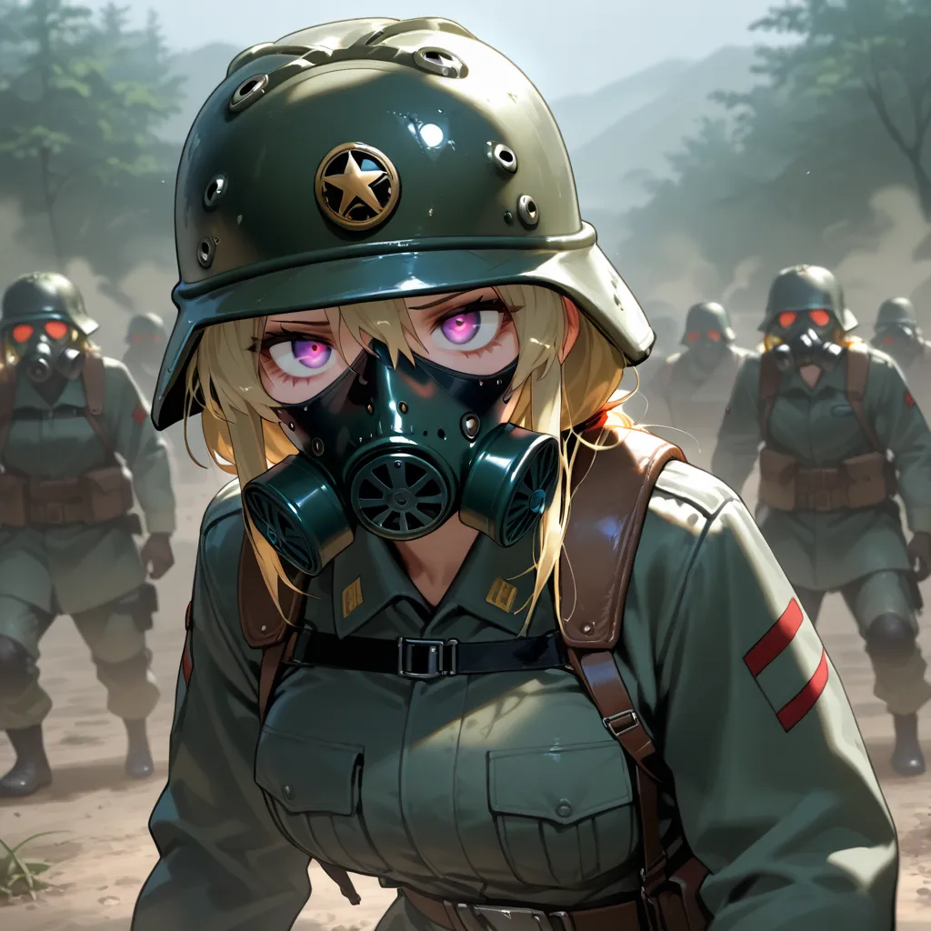 masterpiece, best quality, high resolution, anime, 1girl, between eyes, gas mask, platoon, virus