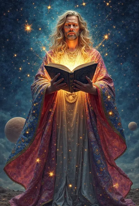  A brilliant figure , wrapped in a mantle of stars and constellations, set against a background of a night sky full of planets and comets. I wear a colorful robe that reflects the energy of each zodiac sign, and in my hands I hold a large book of horoscope...