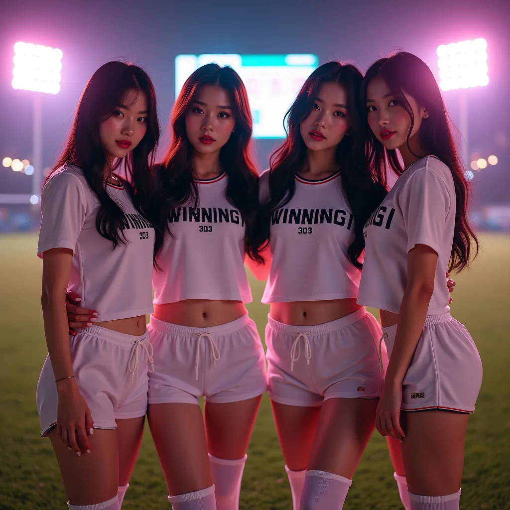 Foursome beautiful Korean female models with sexy erotic bodies with big boobs are white skinned in sexy ball jersey (white shirt, white tight shorts ) clearly written "WINNING303",  standing confidently in front of the ball field .  Glamorous atmosphere w...