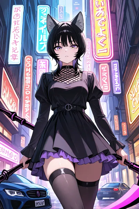 solo, ((From front)), Neko Female, Sukana marking from JJK, ((wolf cut black hair, Black cat ears))), long Wolf Cut black hair, (yellow and purple Ombre eyes), Black and white dress like Yor, wearing Chocker, wielding Scythe, Street background, Neon Lights...