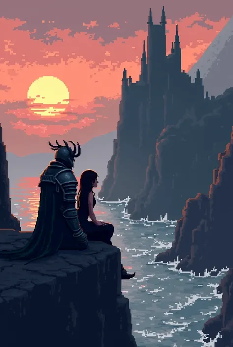 A knight with dark armor and helmet sitting on a cliff with a beautiful companion with long black hair. They look at a gloomy castle by the sea. Behind it, a beautiful sunset. Pixel-like dark fantasy 