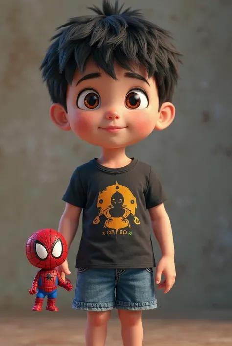 Real boy, full body, fair skin , black hair shirt, Black Eye, with blue shorts and white shirt with the autistic symbol ,  With Spider-Man in the hand 