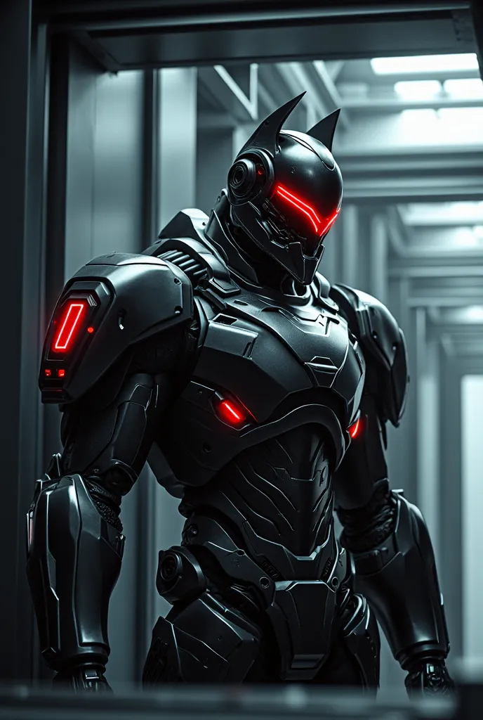 Futuristic senior officers in massive black and matt high-tech armor and exoskeleton(with rare red diodes),  Their helmet is designed in a high-tech style with a narrow, thin visor like a scarlet knight and built-in infrared sensors, they are holding a mas...