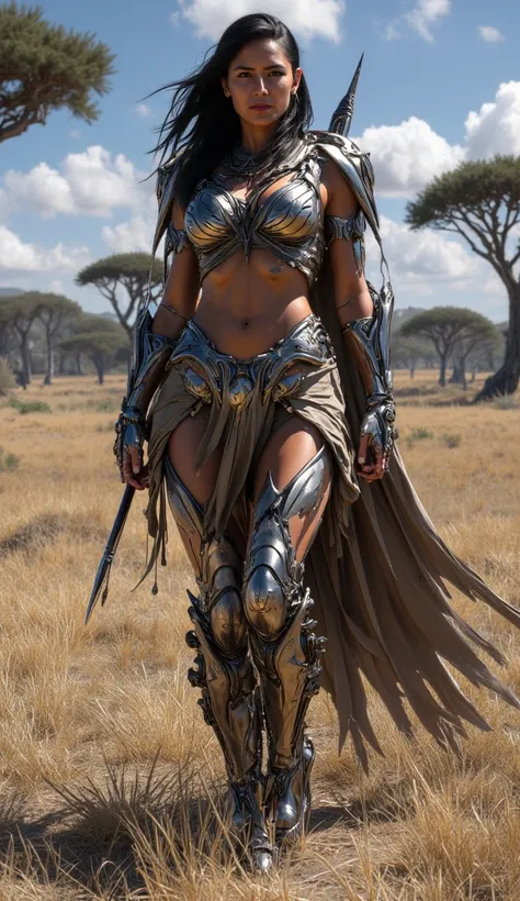 A beautiful indian woman,tight big boob combat suit, holding a spear standing up with a serious face,set in a savanna