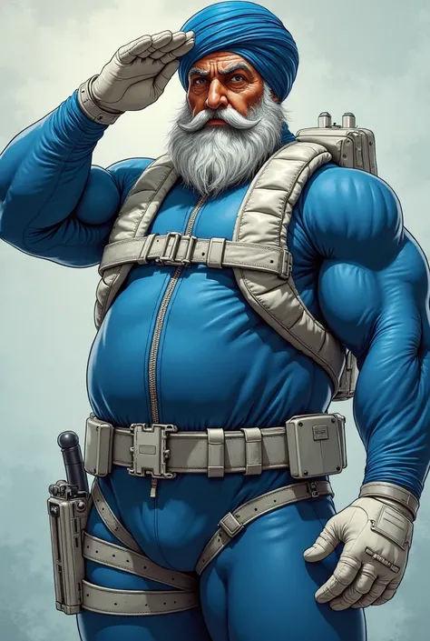 (A rugged beefy extremely muscular bulky serious sikh old man), (wearing blue fully-zipped fullbody wetsuit that cover his whole arms), saluting, wearing white bulky harness, wearing bulky scuba gear, muscular physique, toned muscles, fierce, heroic, actio...