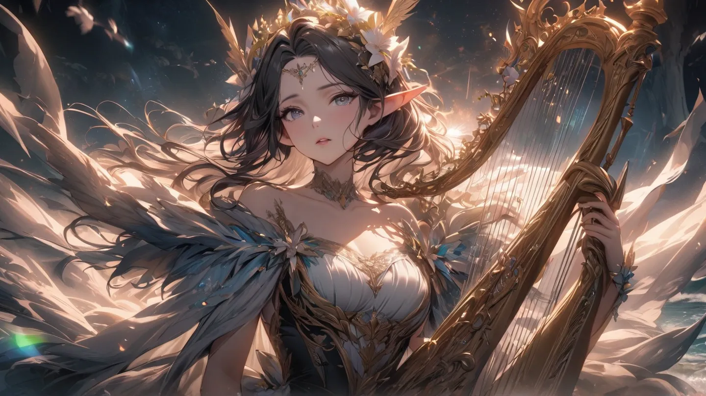 night, 1 Elf Girl, Playing Harp, Collarbone, Beach, Starry Sky,, Sublime Atmosphere, Fairytale, Dramatic Lighting, High Quality, Octane Rendering, Epic Scene, Close Camera,