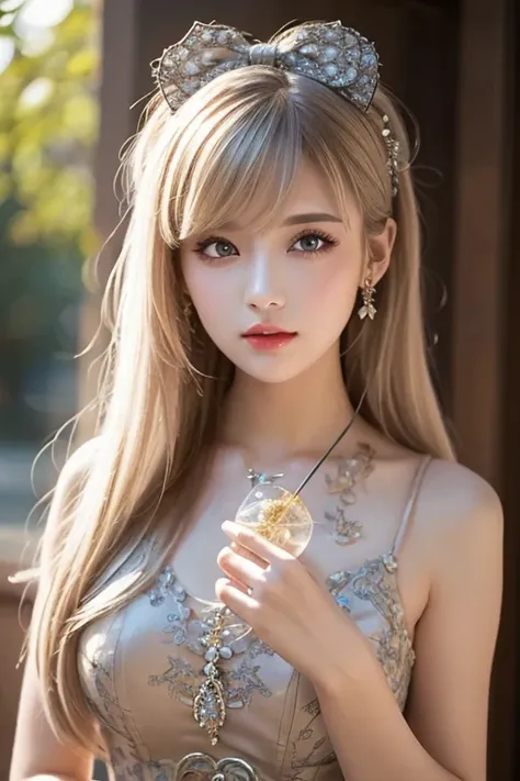  One Girl ,  long hair, Light Hair Color,  enchanting eyes,  Mysterious Expressions , Mature Appearance, Attractive dress,  Relaxed Dress, Graceful Jewels , Intricate decoration, Magic symbols, Glowing Accessories,  potion , Scroll, Cute accent, bow, ribbo...