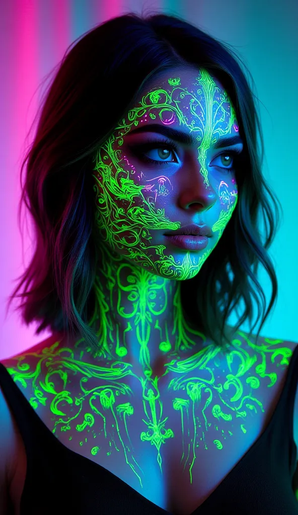 This image depicts a woman with striking features, showcasing intricate neon paint that glows in vibrant shades of green, pink, and purple. Her hair is styled in a sleek manner, adding to the ethereal quality of the composition. The painted patterns resemb...