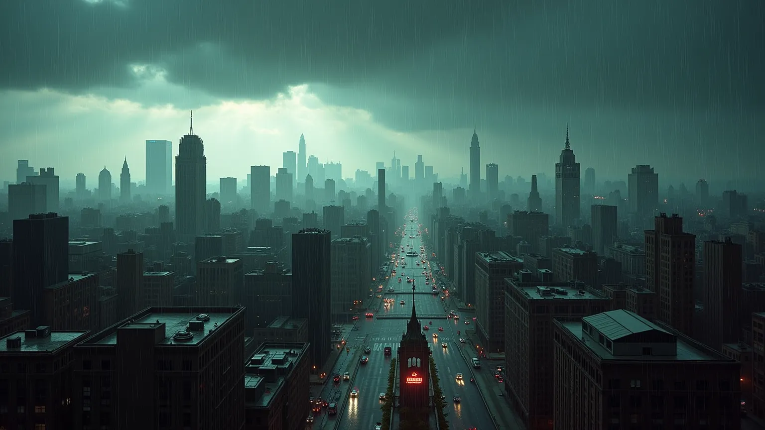 It starts raining in a European city, rain clouds are visible above the city with rays of sun breaking through the clouds. The atmosphere is permeated with the style of the 1980s. A bird's eye view.