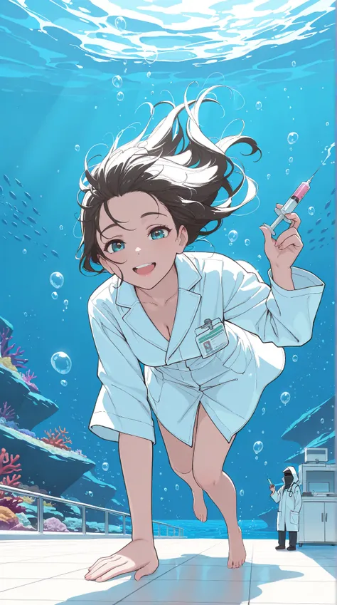 High resolution, Super detailed, Best Quality, masterpiece, 8K, 4K, beautiful background, the best aesthetics, (flat color:0.6), 1girl, adult female, doctor, older sister, swimming underwater, ocean, sea, happy expression, enjoying, holding syringe, medica...