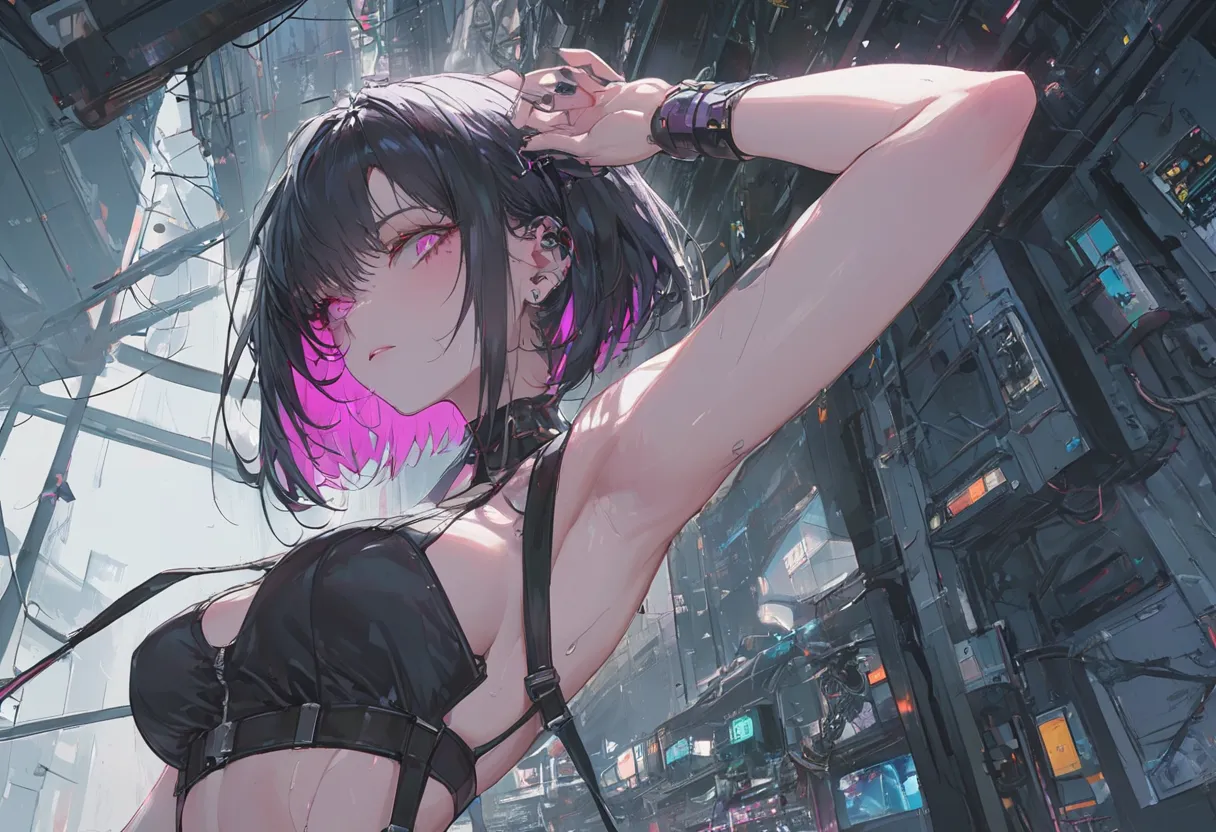 masterpiece, best quality, Great Quality, very aesthetic, High Resolution,  latest, hyperdetail just for me, one girl, low angle,  black hair, cyberpunk style, armpits, Off Shoulder, suspenders