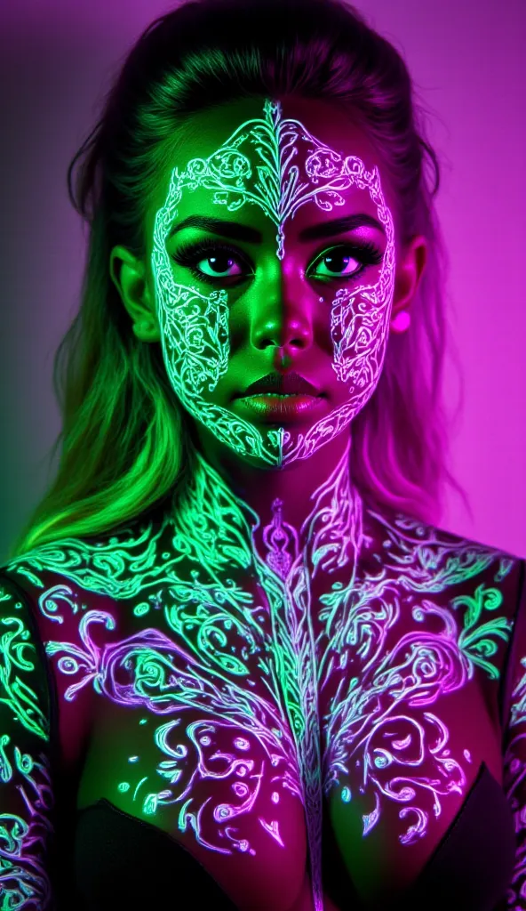 This image depicts a woman with striking features, showcasing intricate neon paint that glows in vibrant shades of green, pink, and purple. Her hair is styled in a sleek manner, adding to the ethereal quality of the composition. The painted patterns resemb...