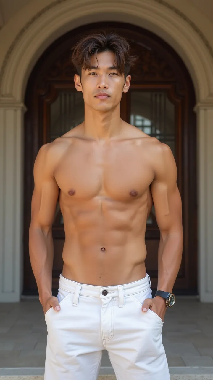 attractive man with messy brown hair, charming honey-toned eyes, defined physique, shirtless, white destroyer jean shorts, mixed-race American Korean, imposing, in front of a large entrance portal of a mansion, masterpiece, best 