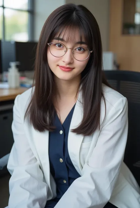 "A beautiful woman with long black hair and fair skin, posing elegantly like a model. She wears a stylish deep blue dress and a white lab coat, sitting confidently in an office chair. Her expression is soft yet professional, with round glasses adding a tou...