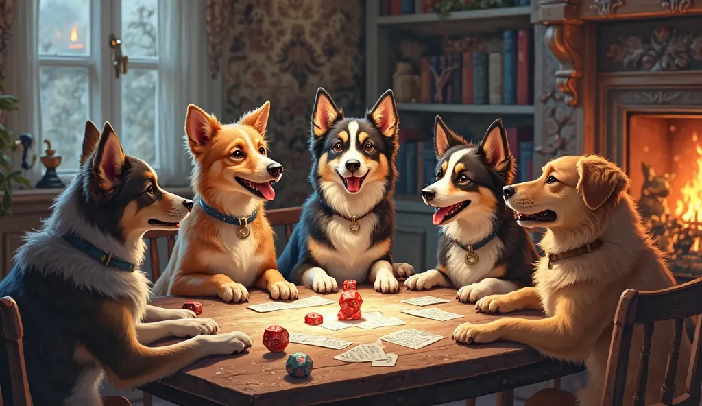 a bunch of dogs gather around a table to play Dungeons and Dragons