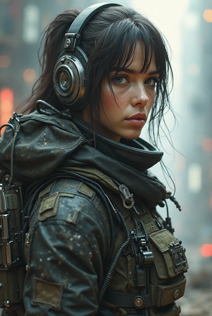 Ultra Detaille,chédeuvre, style punk, une fille de 20ans en armé de sniper, visage réfléchissante, en vetement armé, dans une monde futuriste, science fiction, texture fine, 4k. Masterpiece.