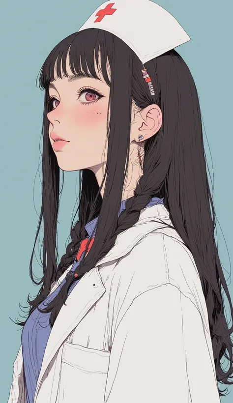 fisheye lens、cartoon image of a nurse wearing a nurse hat, super zoom up on her face 、profile、 black hair、full bangs、braids、pigtails、 boobs, with big breasts, (software) Watch Safe Workplace , ([doctor), Nurse girl, for , A bewitching anime woman, Thick l...