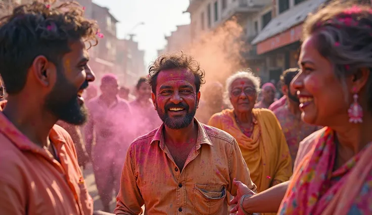 ren, women and elders are seen playing with colors in the village streets, gulal flying in slow-mo.real photo 