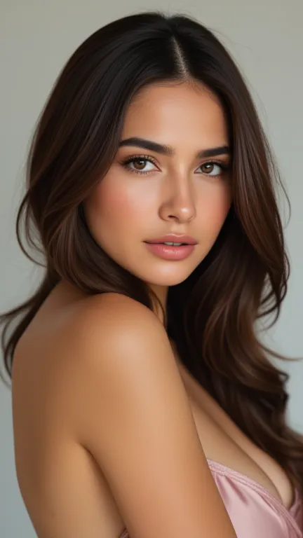 A beautiful woman, she has long brown hair, tan skin, big and expressive eyes, heart shaped face, plump lips. She looks very feminine and elegant. She is wearing a sexy dress 