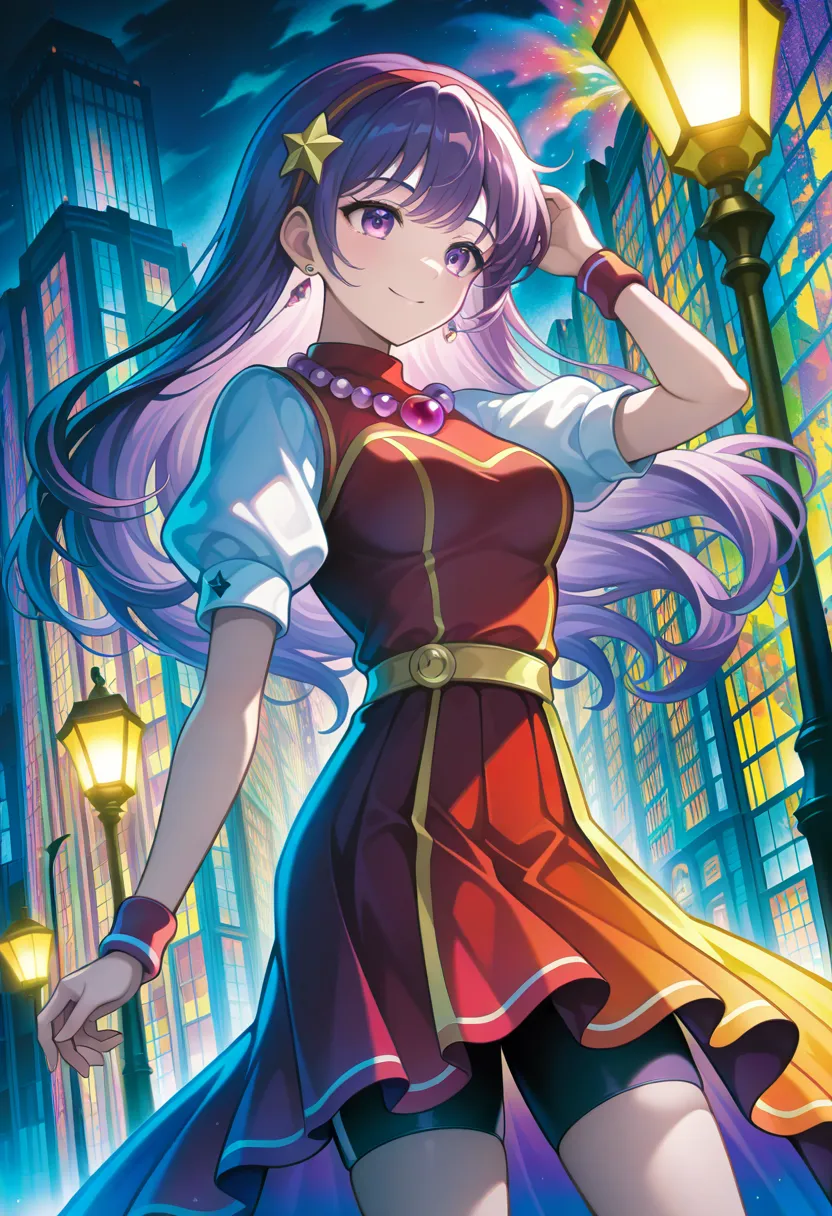 Asamiya Athena, purple hair, long hair, hairband, long hair, necklace, bike shorts, earrings, red dress, medium breasts, puffy short sleeves, white sleeves, wristband, cowboy shot, smile,  ((under lamppost, night, colorful background, colorful lamp light))