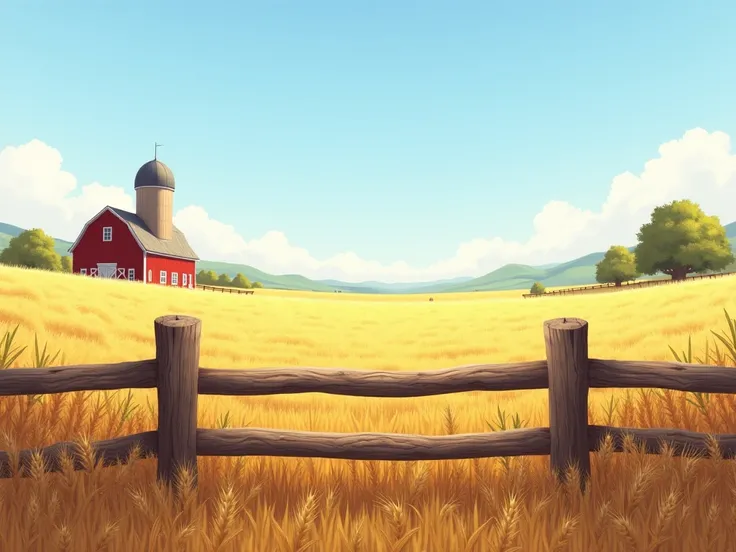 A countryside scene with a rustic wooden fence and golden wheat fields stretching towards a red barn and silo in the distance under a clear blue sky.