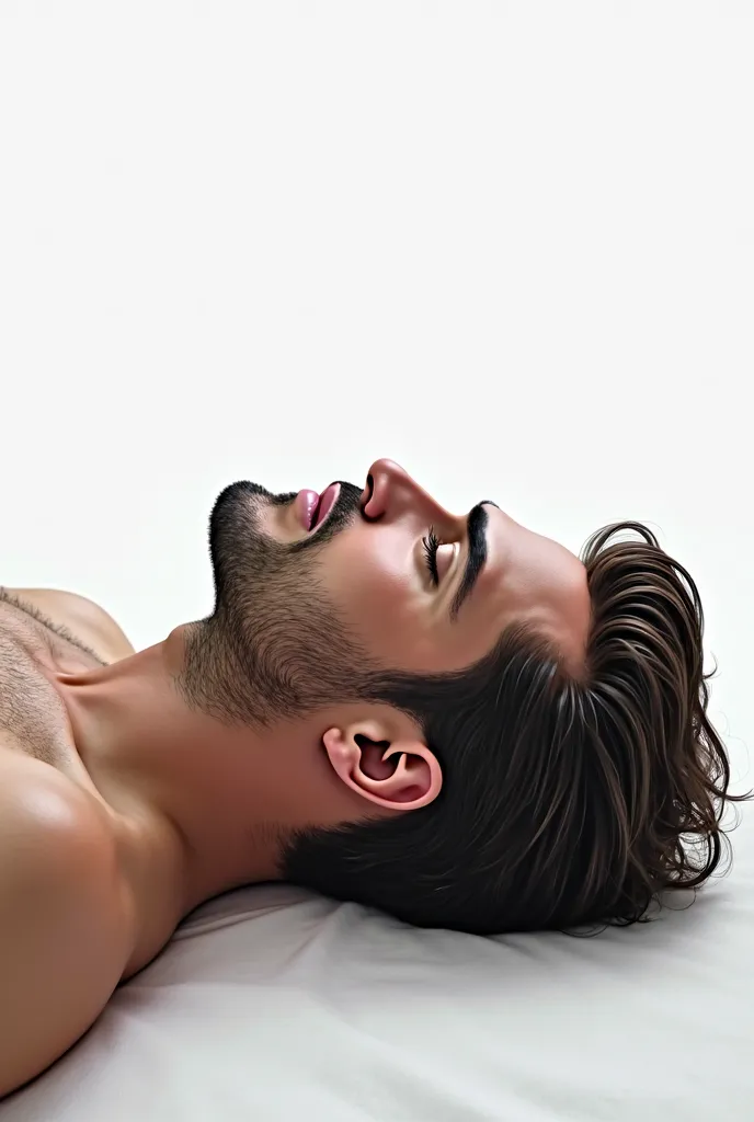 beautiful Man looking to the side, white background, short formal hair, Face in profile, realistic digital art style, Lying down, calm expression, European man