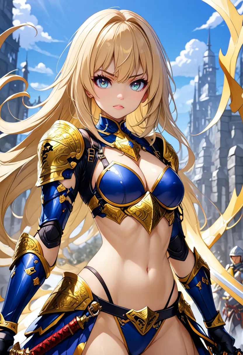 cartoon character with sword, art inspired by Masamune Shirow,  girl of armor, bikini armor, bikini armor, bikini armor female knight, bikini armor, ,  Horseman girl , 