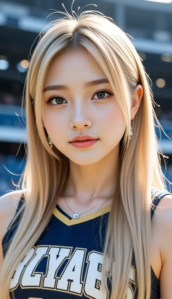 Here’s the English translation of your description:\n\n"Photo-like realistic image,8K, standing, full-body view, stadium background, upturned eyes, a woman with a youthful and innocent expression, blonde, straight hair, blue eyeshadow, blush, lipstick, mas...