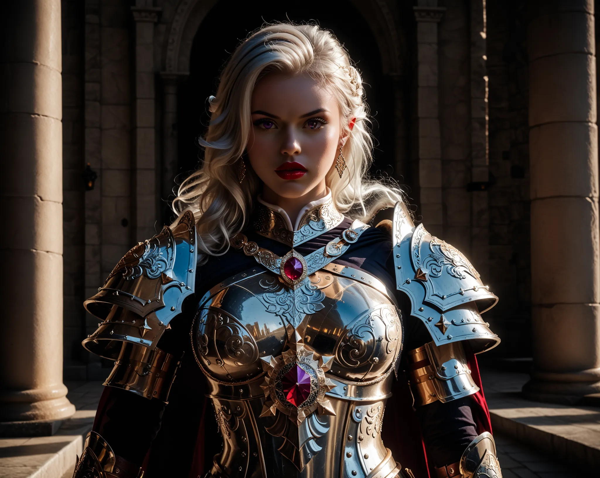 Attractive female elven warrior, huge breasts, Long white hair, purple eyes, Super Detailed, High Resolution, armour, Jewelry, castle throneroom,  red lipstick, pointed ears, holding a greatsword