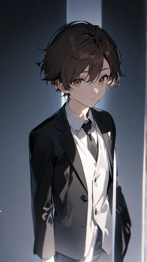 A young boy wearing a black suit, black tie, black shoes, and brown hair stares straight ahead. Whole body. white background.