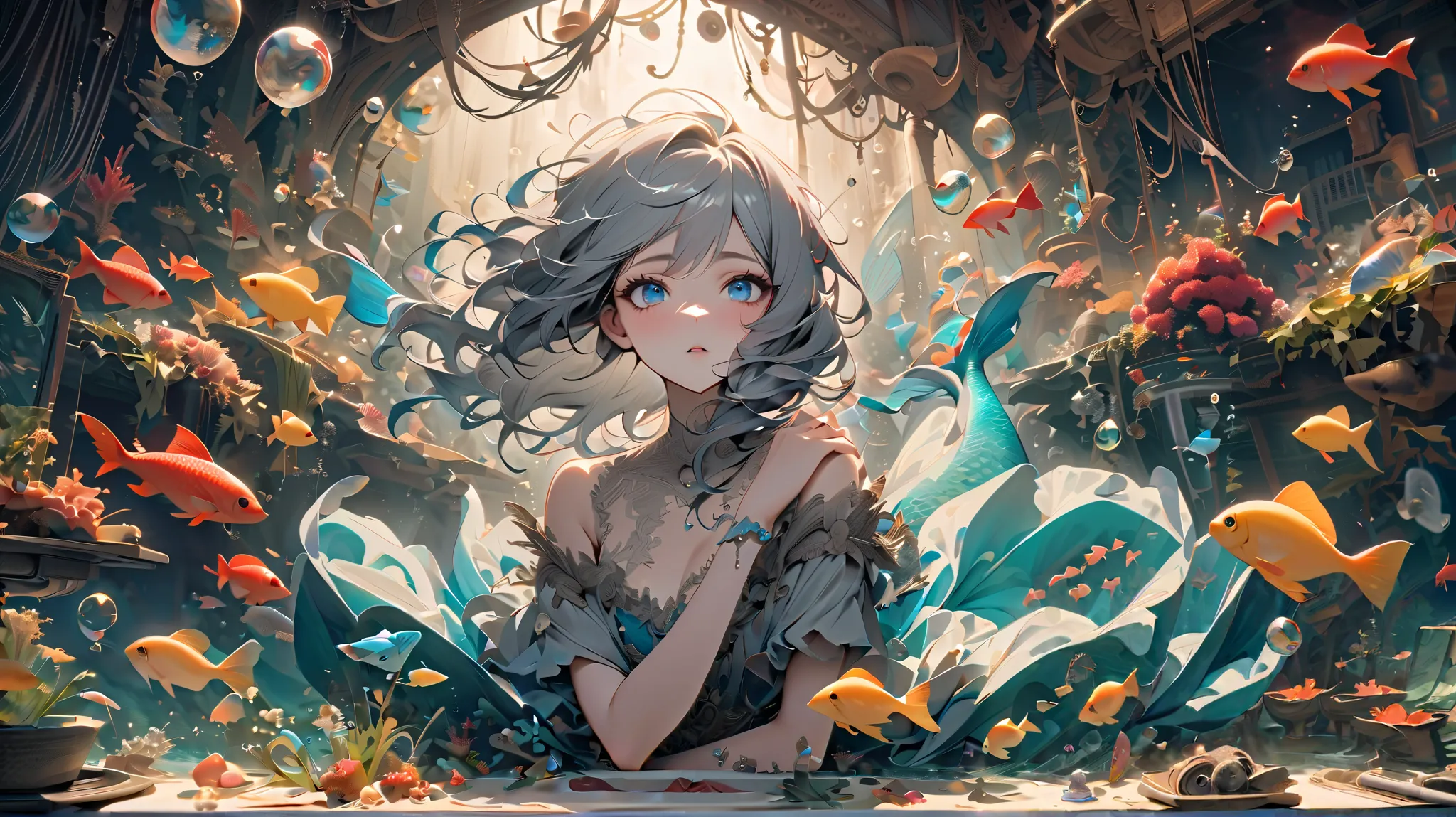 (muste piece), (best quality), very detailed, 1 girl, solo full body shot, perfect face, beautiful girl, very detailedな顔，(long gray hair:1.5)，(blue eyes:1.4)，(The Little Mermaid:1.4)，(in water:1.4)，sink，Bubble，School of small fish，Light，jellyfish，seaweed，R...