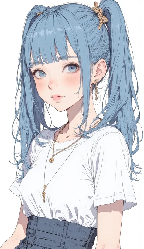 A cute  with blue eyes and a ponytail、 wearing a white top , bewitching anime girl, charming anime girl,  by Kentaro Miura , High quality colored sketches, BEAUTIFUL AND ATTRACTIVE ANIME WOMAN, cute girl anime visual,  beautiful anime women,  Medusa Ishida...