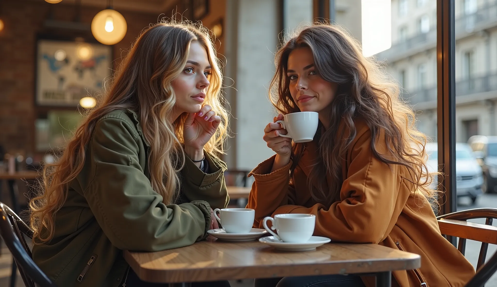 2 beautiful women (one blonde flowing hair of them 25 years old, the other is 26 years old. Both looks terrific), cute, brunette hair curly/flowing, detailed hazel eyes, not to skinny, make it ultra-realistic, european women, in a cafe drinking coffee, cas...