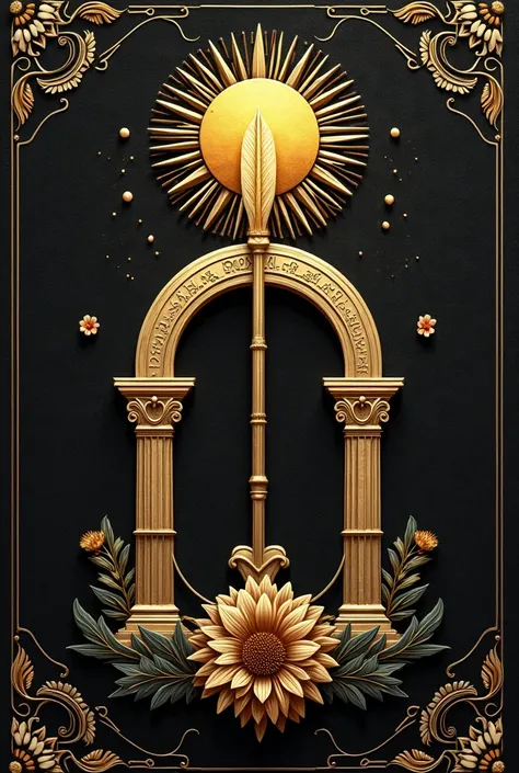 Black background, gold details, drawing; the arrow of Achilles, the arch of Odysseus, a sun and hyacinth flower. Of gold. Greek Style Vibes. Background with paper texture. Texture of book cover. Flowers and frame. Mystic. Lovely and Power Vibes. velvet fab...