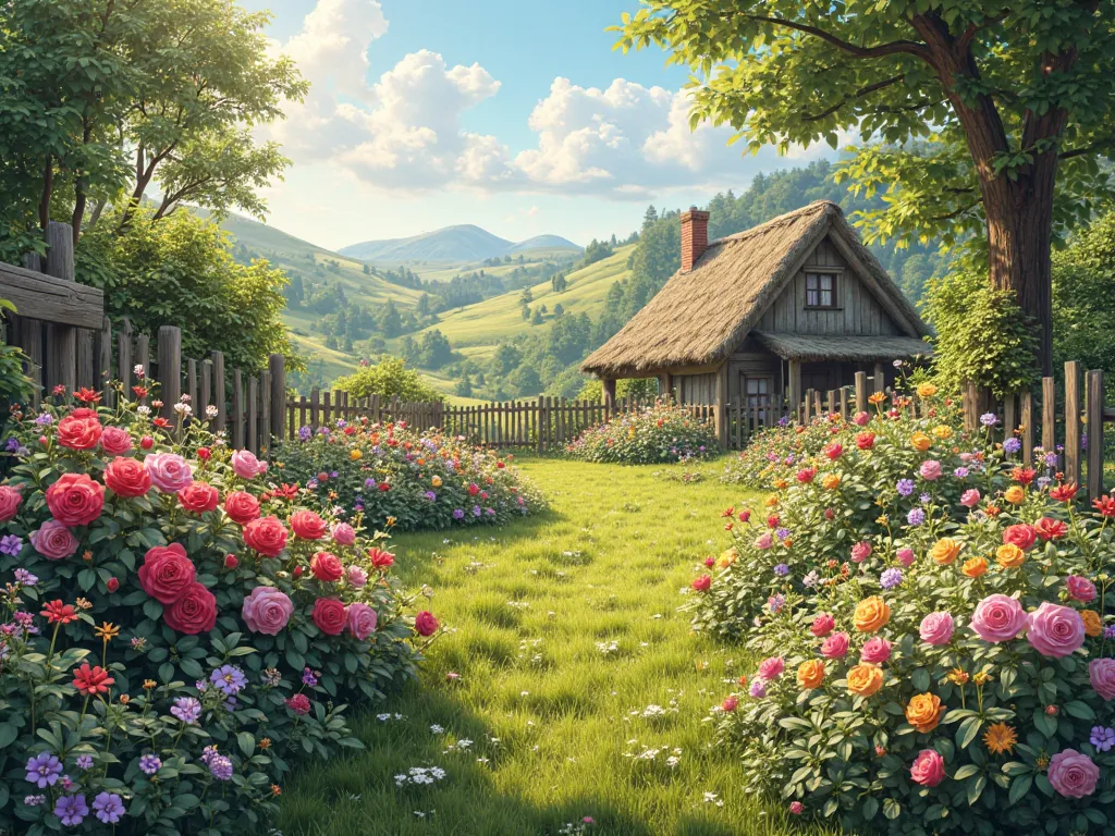 A lovely countryside garden filled with colorful flowers, enclosed by a rustic wooden fence, with a thatched-roof cottage in the background.