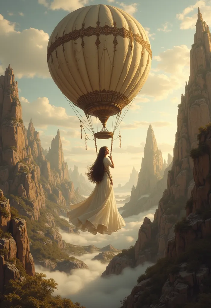 A beautiful woman in a balloon、riding、Flying between rocks