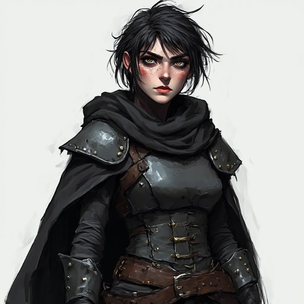 Painterly Semi realistic stylized fantasy sketch style. A dark skinned, skinny, flat chested female assassin who only wears a full, utilitarian and very covering leather armor vest, black pants, and has a seperate black cloak with hood draped over herself....