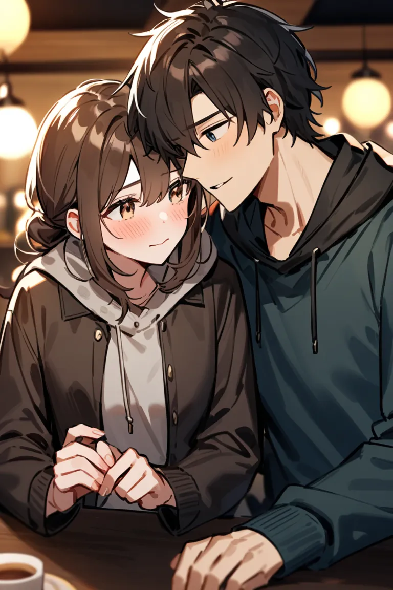 A young couple around 18 years old. The boy looks shy and slightly blushing while the girl playfully teases him. They are in a casual and cute setting, like a park or a café. The boy has short, slightly messy hair and wears a casual hoodie, while the girl ...