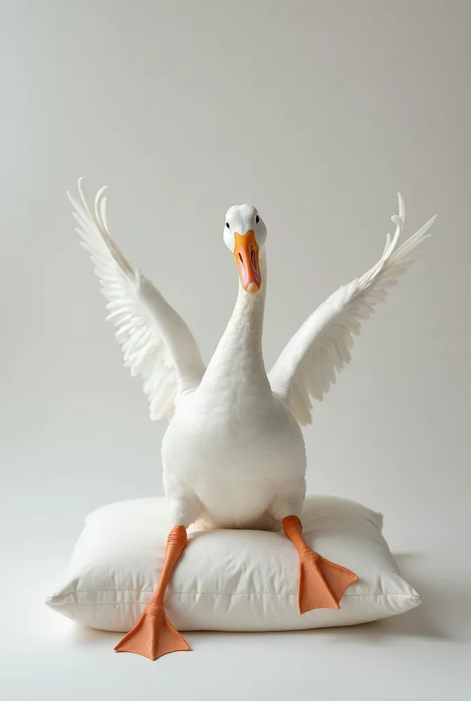 a goose is sitting on a white pillow, legs extended, are spread out. hold your heels with wings