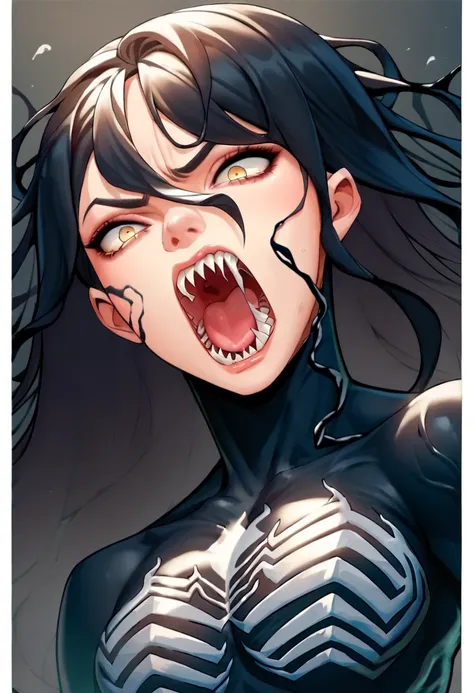 Exwife, bangs, thin waist, wide hips, beautiful skin, clear golden yellow eyes, bright pupils, beautiful eyes, beautiful hair, beautiful long hair, symbiote, venom, venom costume, angry face, open mouth, screaming face