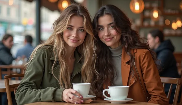 2 beautiful women (one blonde flowing hair of them 25 years old, the other is 26 years old. Both looks terrific), cute, brunette hair curly/flowing, detailed hazel eyes, not to skinny, make it ultra-realistic, european women, in a cafe drinking coffee, cas...