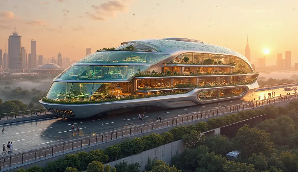 "A massive futuristic moving hotel with a sleek glass dome structure, featuring rooftop infinity pools, lush green gardens, and ultra-modern architecture. The design is a mix of a spaceship and a five-star resort, with golden lighting and interactive glass...