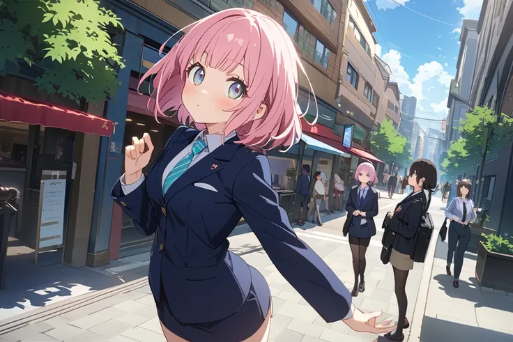 threequaterview、I'm looking up at the building、Outdoors、 ((fullbody)), standing,Source Anime, (Masterpiece), (Best Quality)), (Very Detailed), ((Cute)), (Amazing), (Detailed)), 4K, (8k), Highest Quality , (beautiful), perfect anatomy, ((perfect hands)), (p...